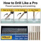 Drilax Diamond Drill Bits for Stone and Glass – 30 Pc Set (1mm, 2mm, 3mm) 1/8 Shank for Dremel & Rotary Tools – Jewelry Making, Gemstone, Sea Glass and Lapidary Drill Bits Kit