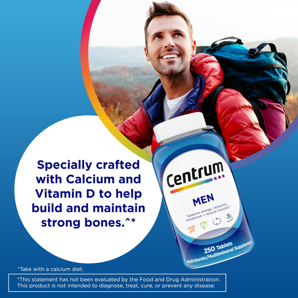 Centrum Multivitamin for Men, Multivitamin/Multimineral Supplement with Vitamin D3, B Vitamins and Antioxidants, Gluten Free, Non-GMO Ingredients - 250 Count