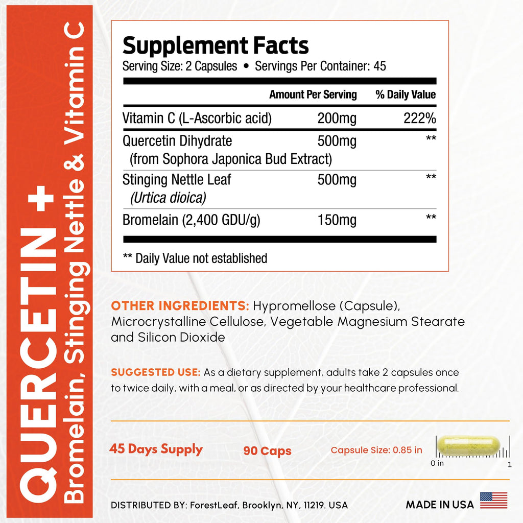 ForestLeaf Quercetin with Bromelain 1350mg - Blend with Vitamin C & Stinging Nettle Supplement, Quercetin 500mg Capsules, Non-GMO Gluten Free, Natural Function, 90 Veggie Caps