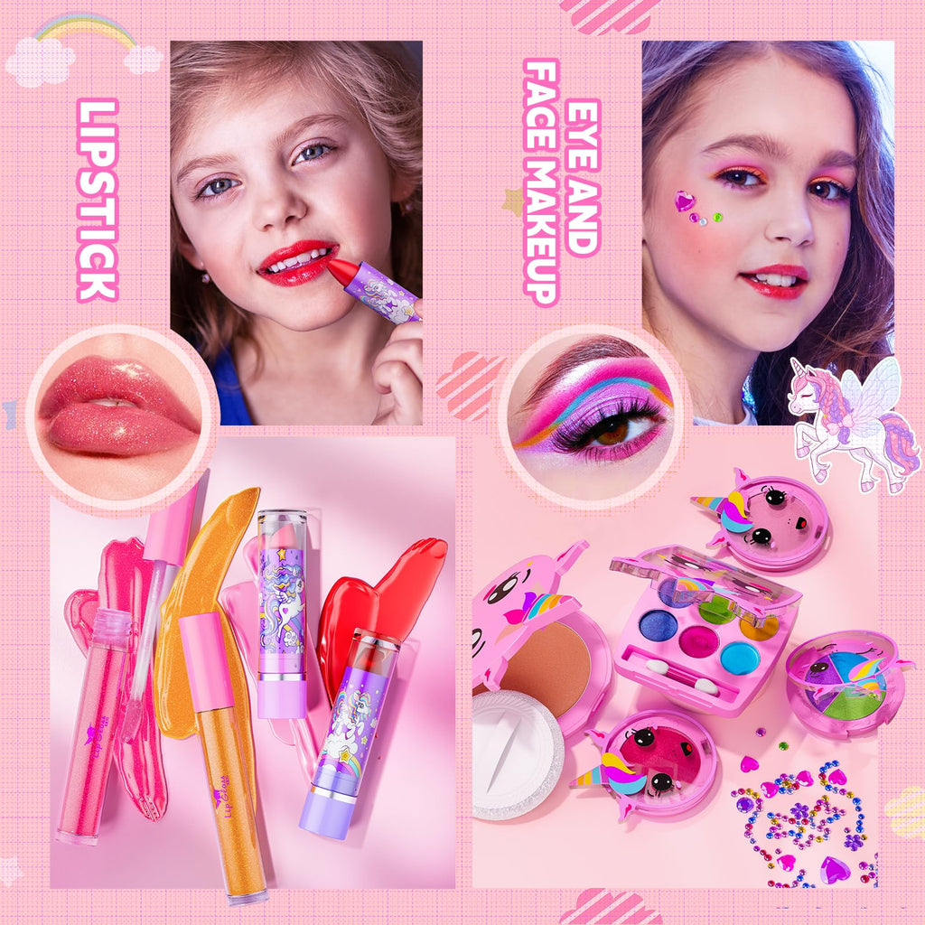 Beayuck Kids Makeup Kit for Girls - Girls Makeup Kit Toys, Real Washable Cosmetic Set with Storage Case, Kids Play Makeup Set for Christmas Birthday Gift 3 4 5 6 8 10 11 12+ Years Old, Pink