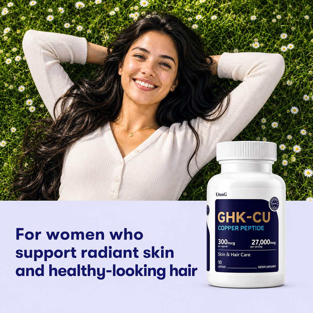 UtonG GHK-Cu Copper Peptide Supplement, Anti-Aging & Hair Growth Support, Improves Skin Elasticity & Firmness, Thicker, Fuller Hair, Easy Absorption, Precisely Dosed, 90 Vegan Capsules