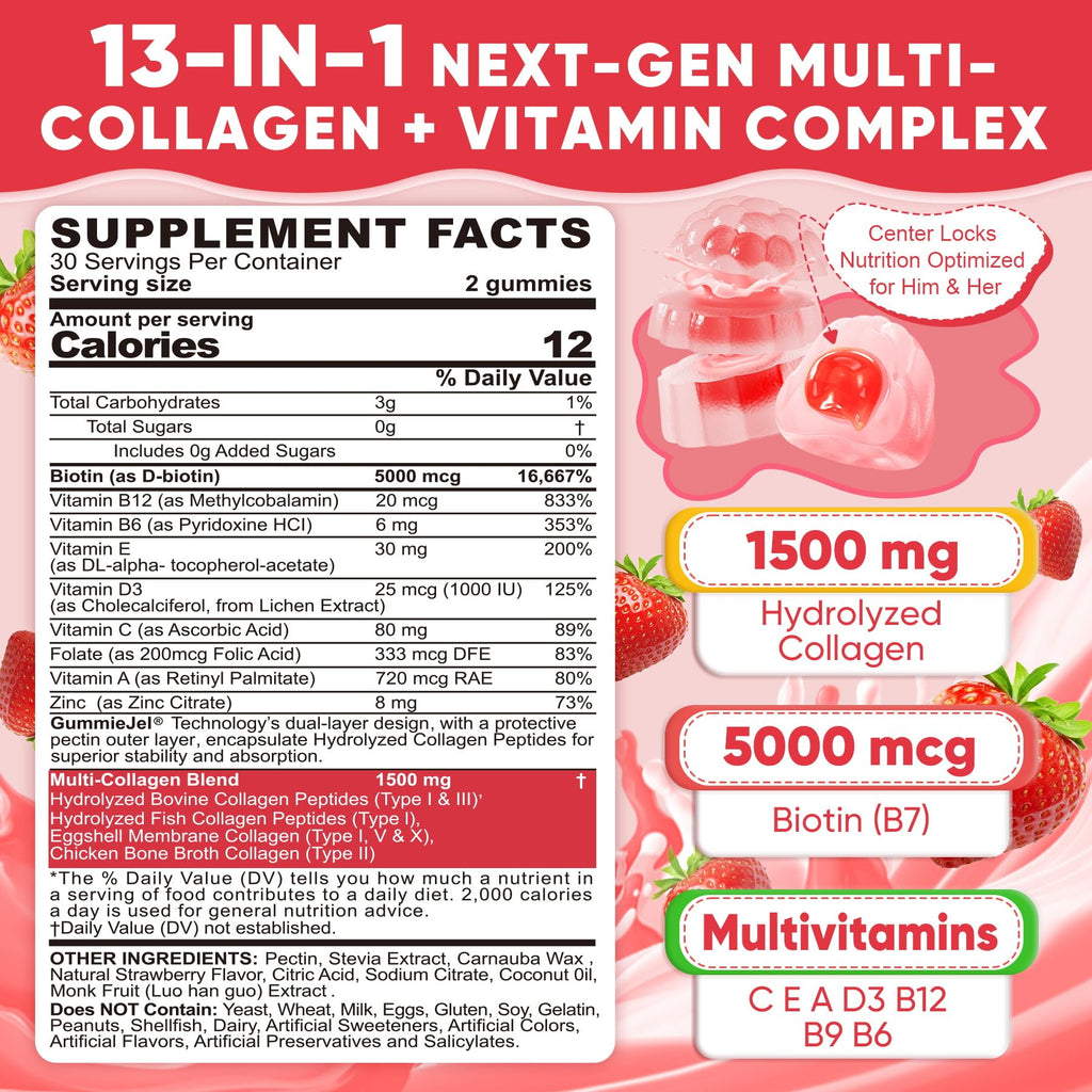 Collagen Peptide Gummies for Women & Men Sugar-Free, Multi Collagen Hydrolyzed w/ 1500mg Protein Type I,II,III,V,X, 5000mcg Biotin, Methylated B12, Vitamin C A E D3 B6 for Skin Hair Nails, Bone, 60Cts