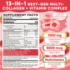 Collagen Peptide Gummies for Women & Men Sugar-Free, Multi Collagen Hydrolyzed w/ 1500mg Protein Type I,II,III,V,X, 5000mcg Biotin, Methylated B12, Vitamin C A E D3 B6 for Skin Hair Nails, Bone, 60Cts