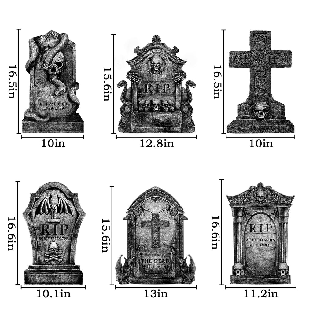 Halloween Decorations Outdoor Graveyard Tombstones: 6ct Large Tombstone Halloween Decor Yard Signs with Stakes, 16" Realistic Scary Skeleton RIP Cemetery Gravestones for Yard Lawn Outside Home Party