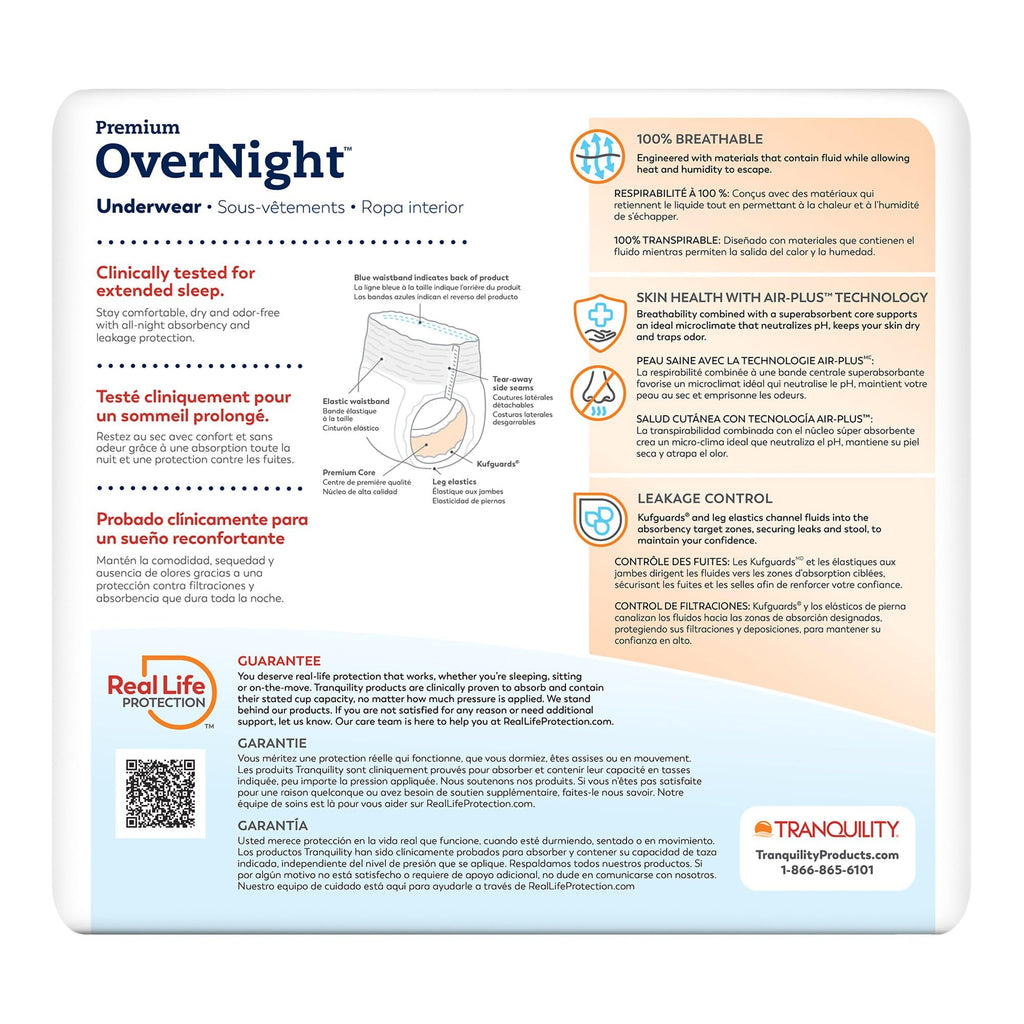 Tranquility Premium OverNight Disposable Absorbent Underwear (16 Count) - L, 44-54 in. Waist - Maximum Absorbency, All-Night Sleep, Breathable Comfort, 16 Adult Diapers