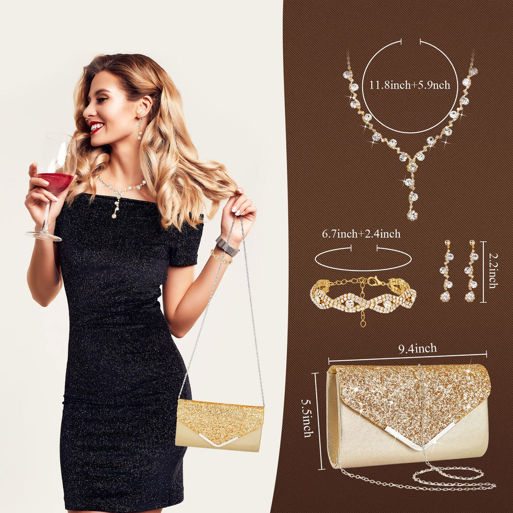 Henoyso 5 Pcs Jewelry Set, Rhinestone Clutch Purse for Prom,Gold