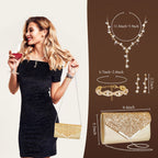 Henoyso 5 Pcs Jewelry Set, Rhinestone Clutch Purse for Prom,Gold