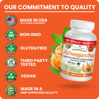 UDAF Certified Organic Ashwagandha with Black Pepper, 1965mg - Extra Strength for Stress, Sleep, Mood, Thyroid, Energy, Hair, Vegan Pure Root Extract Powder Supplement for Men and Women | 180 Capsules