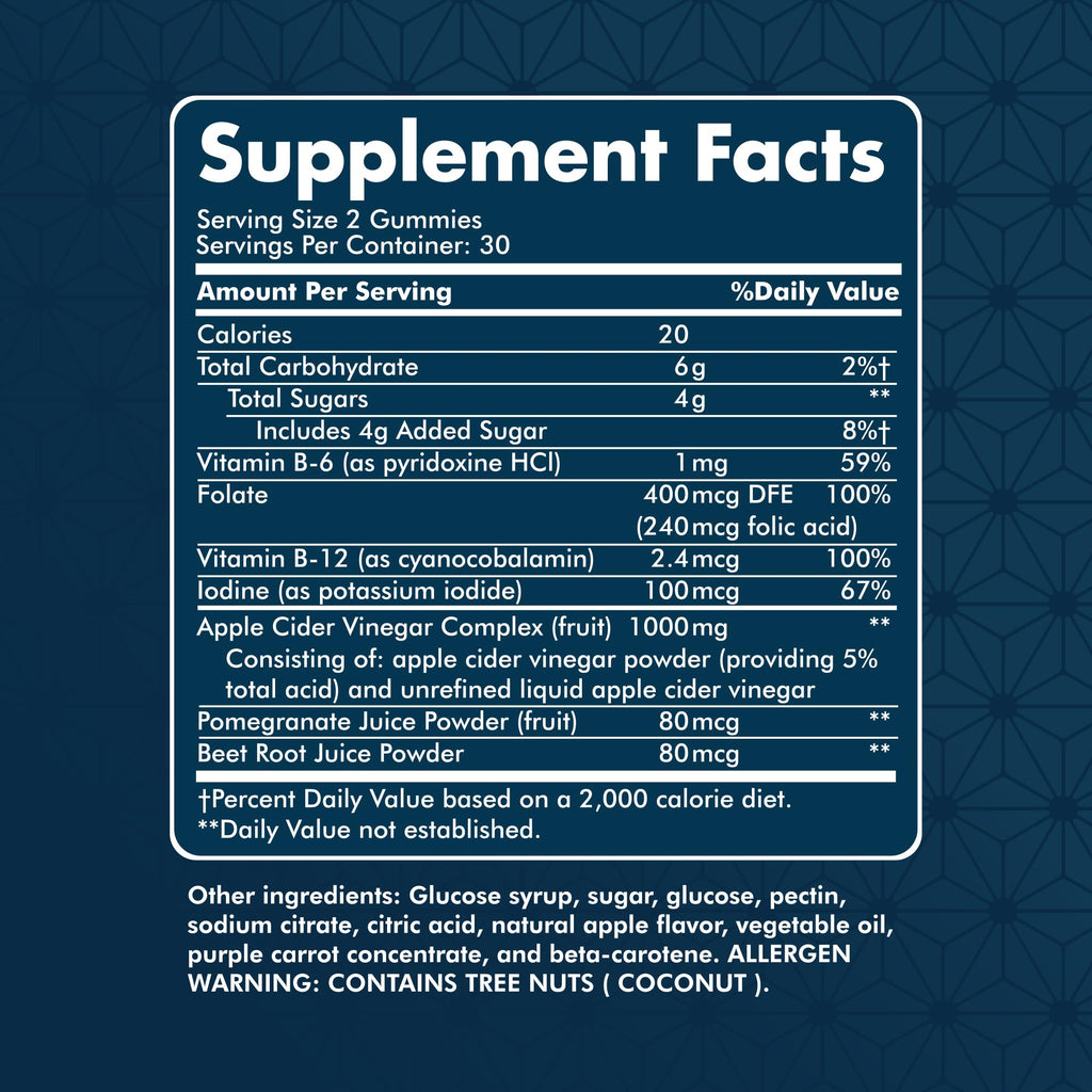 NUU3 Apple Cider Vinegar Gummies - Support for Energy, Immunity & Gut Health - Folate, Iodine, Pomegranate, Beet Root, Vitamins B-6 & 12 - (60 Count, Pack of 1)