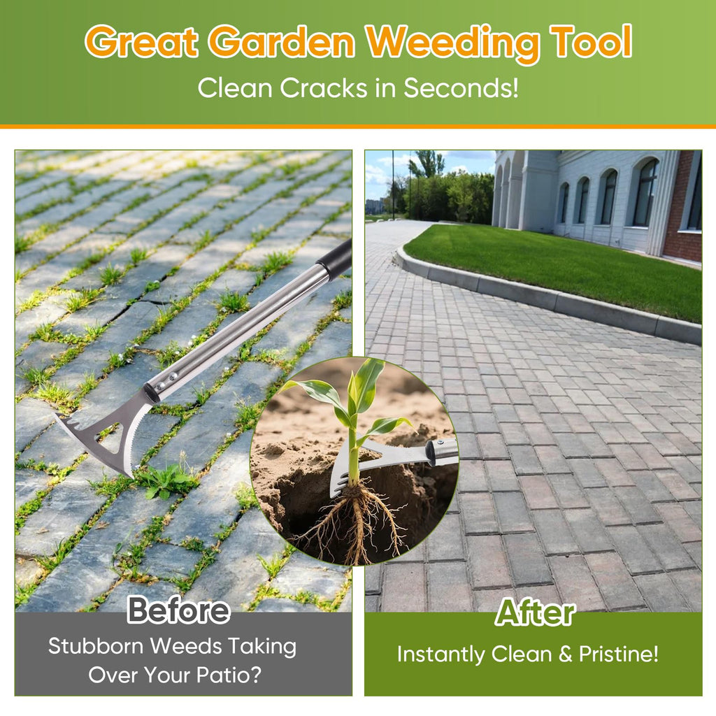 EOMEOH Crack Weeder, 3-in-1 Stainless Steel Weeding Tool with 60" Long Handle - Stand Up Weeder for Driveway, Sidewalk & Deck Crevices - No Bending, Tool-Free Assembly