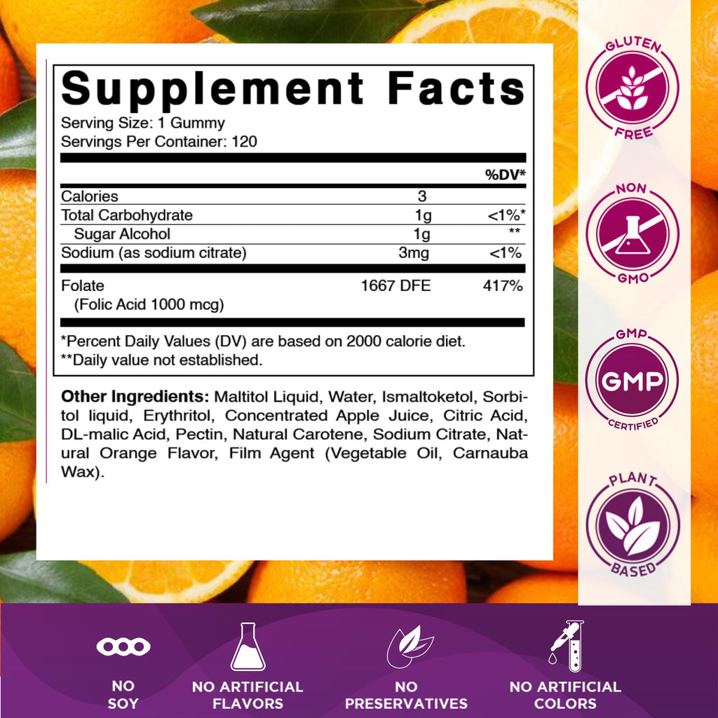 Vitamatic Folic Acid Gummies 1000 mcg (1 mg) – Essential Prenatal Vitamin B9 for Mom & Baby – 120 Vegan Gummies per Bottle – 2 Pack