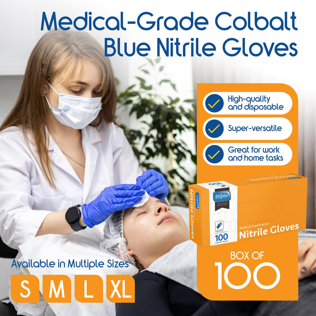 Inspire Cobalt Blue Nitrile Disposable Gloves | 4.5 Nitrile Safety Medical Exam Cooking Cleaning Disposable Gloves (Blue - Box of 100, Large)