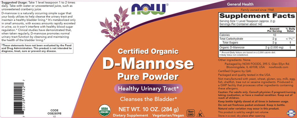 NOW Foods Pure, Organic D-Mannose 10 oz Powder - Bladder Cleanse and Urinary Tract Health Supplement - Non-GMO - Vegan Friendly - 2000mg / 2 Grams per Serving