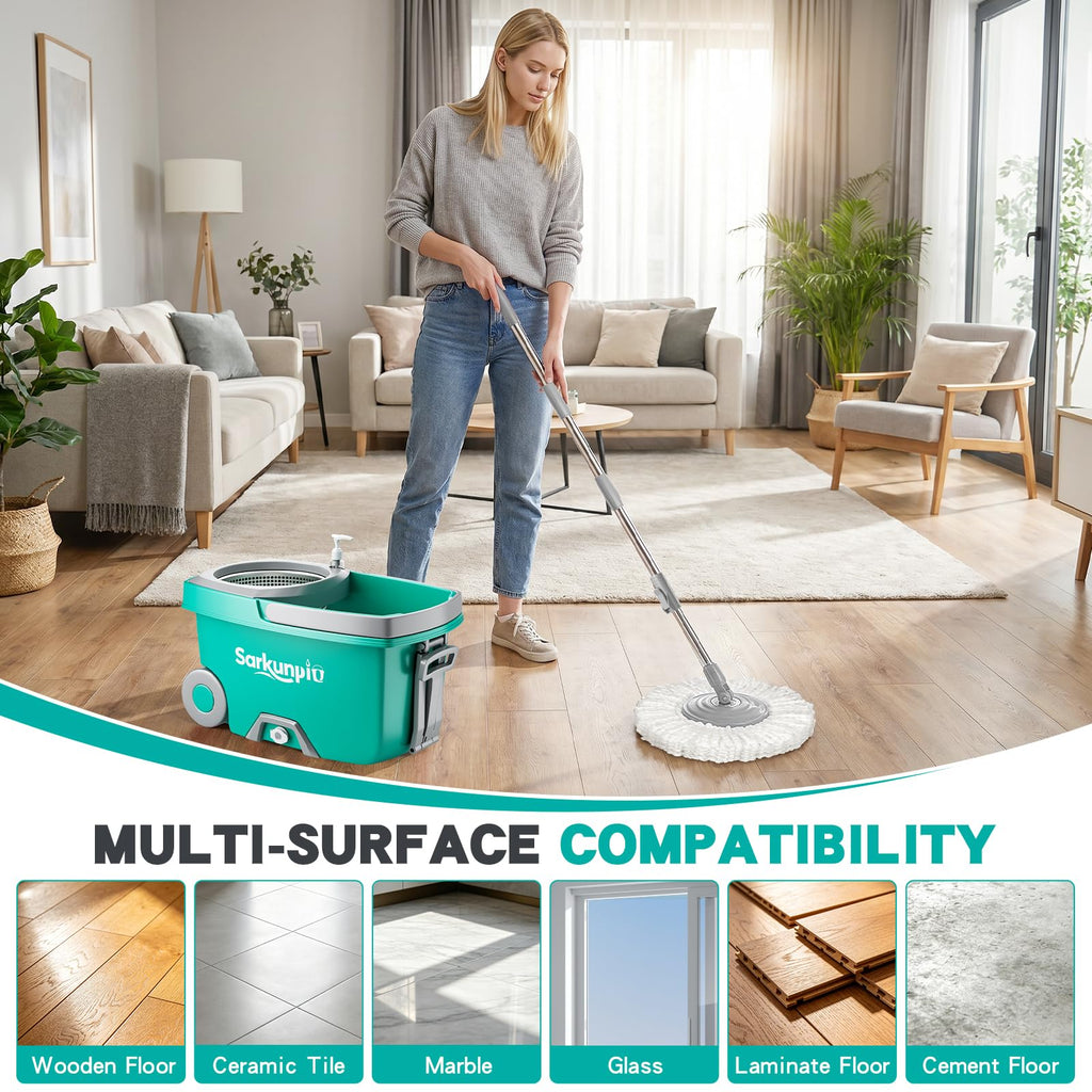 Sarkunpio Mop and Bucket Set with Wringer, Spin Mop Floor Cleaning System with 6 Replacement Microfiber Heads & 61" Extra-Long Handle for Home Floor, Blue