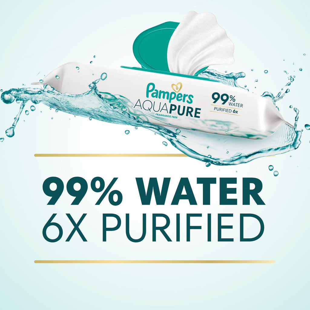 Pampers Aqua Pure Baby Wipes, Unscented, Fragrance Free, 99% Water, Water Based, Multi-Use, 672 Wipes Total (12X Flip-Top Packs)