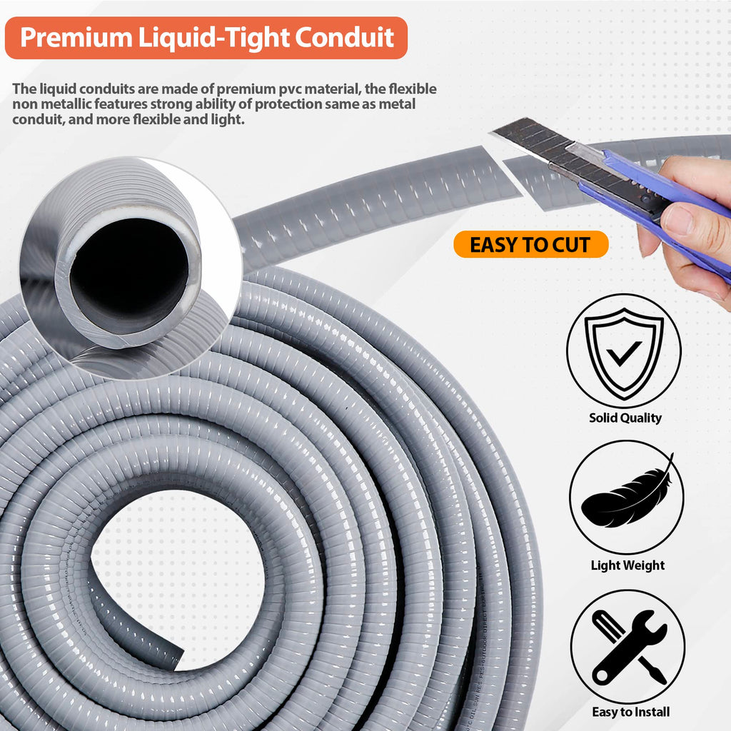 Neorexon Liquid-Tight Conduit 50 ft and 10 Pieces of Connector Kit, Electrical Conduit 1/2 50ft w/UL Certification, Flexible Conduit with 5 Straight and 5 90-Degree Conduit Connector Fittings