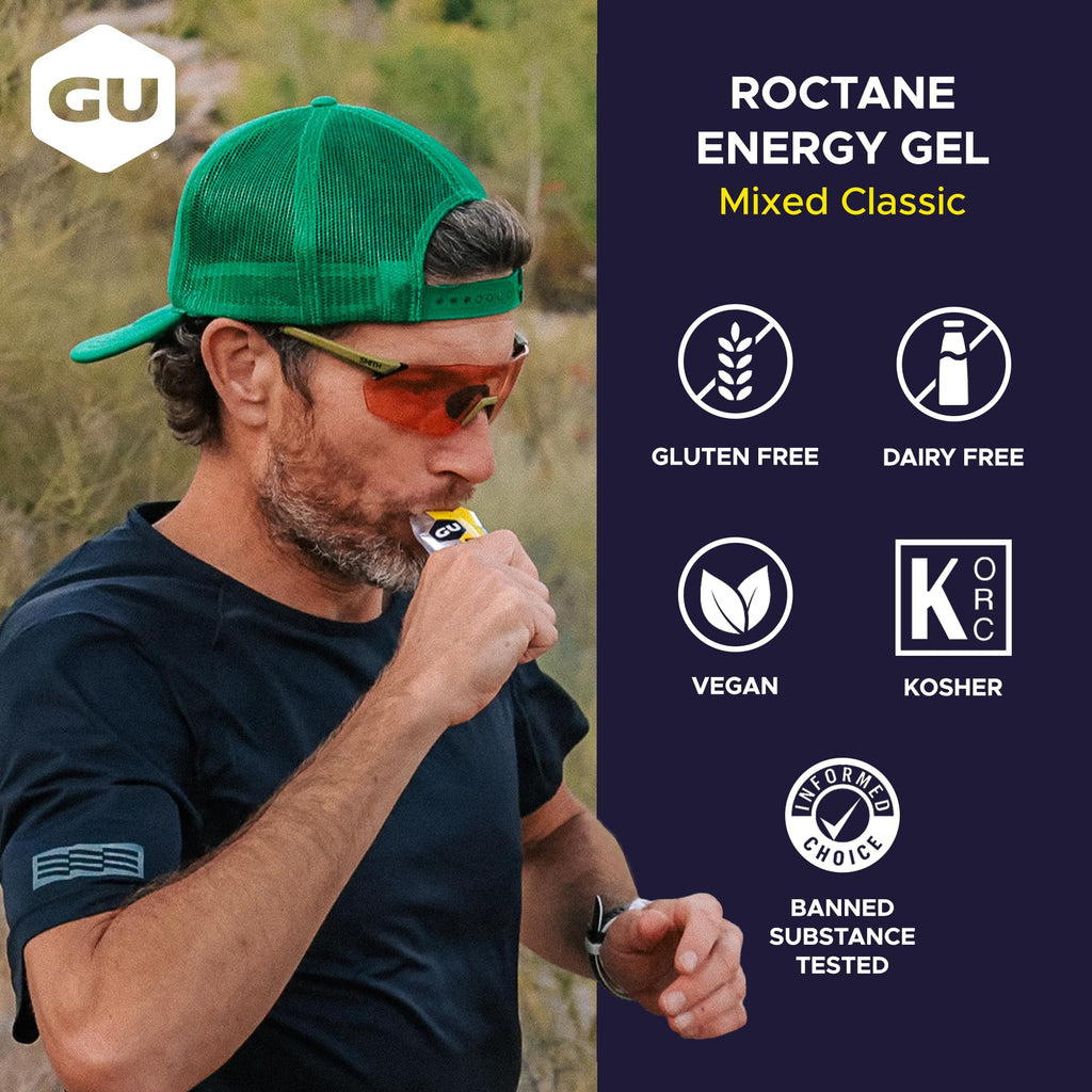 GU Energy Roctane Ultra Endurance Energy Gel, Vegan, Gluten-Free, Kosher, and Dairy-Free On-The-Go Sports Nutrition for Running, Biking, Hiking or Skiing, Assorted Flavors,24-Count