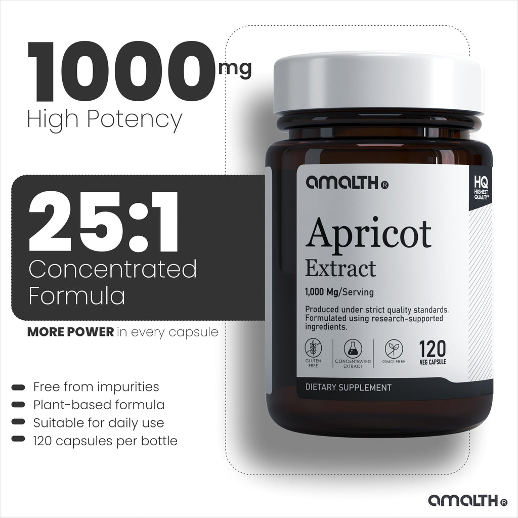 AMALTH Apricot Extract Supplement Capsules (25:1) 120 Capsules 500mg per Capsule, 1000 mg Servings (Pack of 1) (Herbal, Vegan, Non-GMO and Gluten Free)