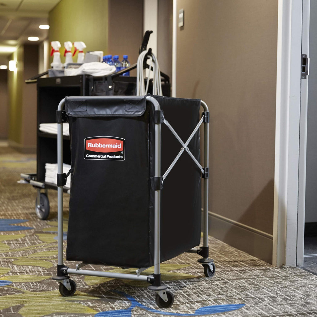 Rubbermaid Commercial Products, Collapsible X Cart, Black, Steel 4 Bushel Bin, Commercial Laundry Cart with Wheels for Hotel/Nursing Home/Home/College Easily Move Laundry/Supplies/Groceries