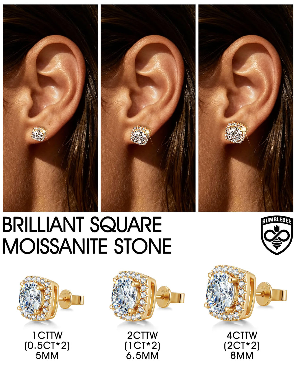 BUMBLEBEE Handmade 925 Sterling Silver Moissanite Studs Earrings for Men
