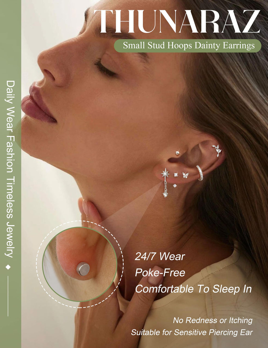 THUNARAZ 21Pcs Flat Back Earrings Stacks, Cartilage Helix Piercing Jewelry