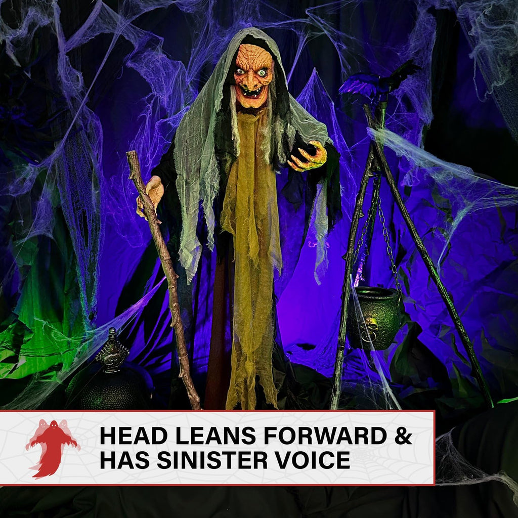 Haunted Hill Farm Life-Size Scary Poseable Talking Witch, Halloween Animatronic with Touch Activated Lights and Sound, Battery Operated Indoor or Covered Outdoor Halloween Decorations, Halloween Prop