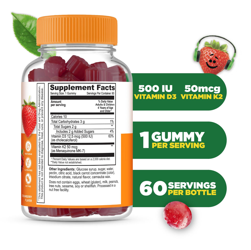 Lifeable Kids Vitamin D3 K2 Gummies | 500iu D3 and K2 100mcg | Great Tasting D3 and K2 Supplements | for Bone Health and Immunity | VIT D3 K2 for Kids | 60 Gummies