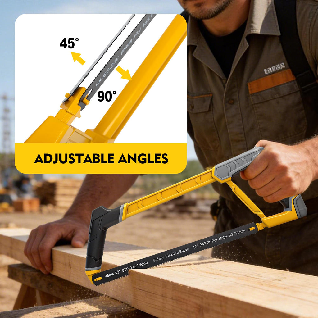 KATA Heavy Duty Hacksaw Frame Set, 12 Inch Hacksaw, 10 Inch Mini Hacksaw & 6 Inch Drywall Jab Saw, 4pc Extra Bi-Metal HSS Blades, 45°/90° Adjustable, Cutting Metal, Wood, PVC