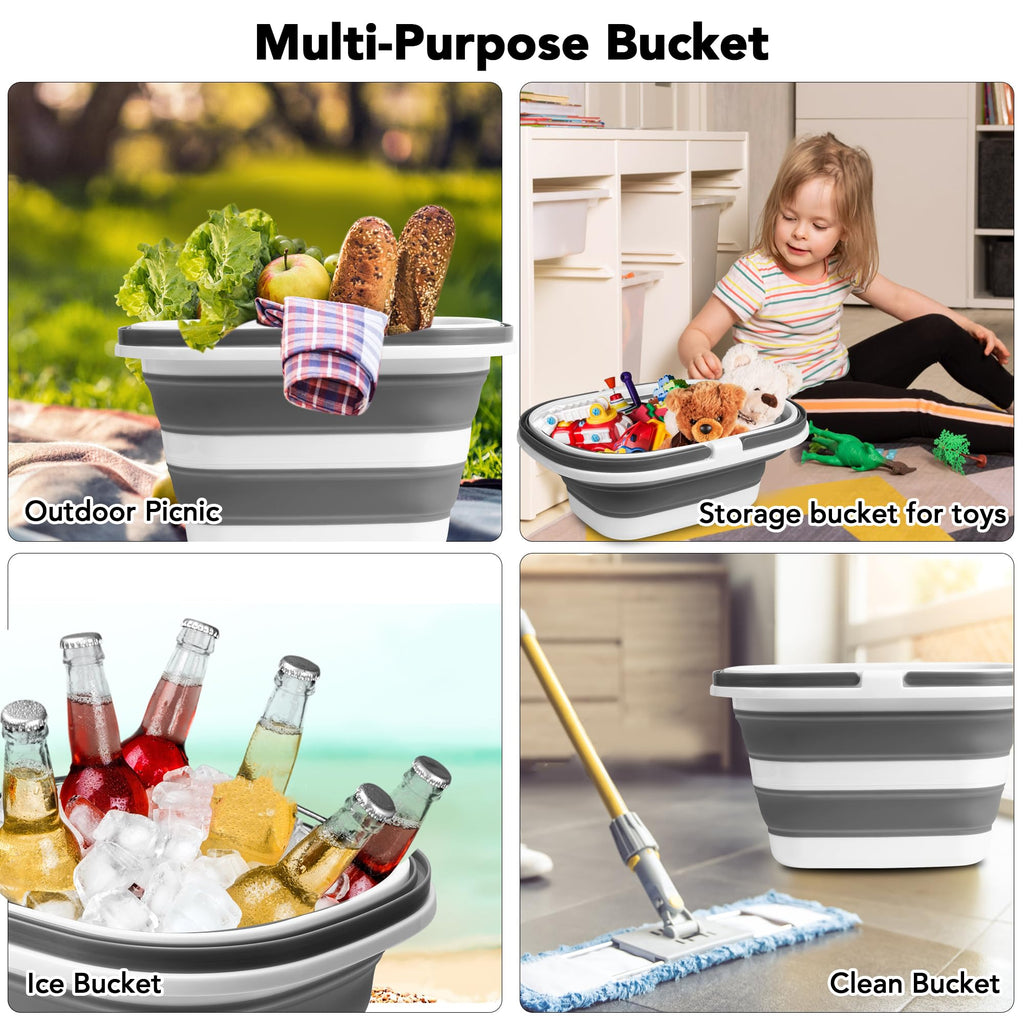 2 Pack Collapsible Mop Bucket, 16L(4.2 Gal) Plastic Bucket for House Cleaning, Car Washing, Silicone Cleaning Supplier Organizer, Portable Basket with Handle for Laundry Storage, RV Camping, Fishing