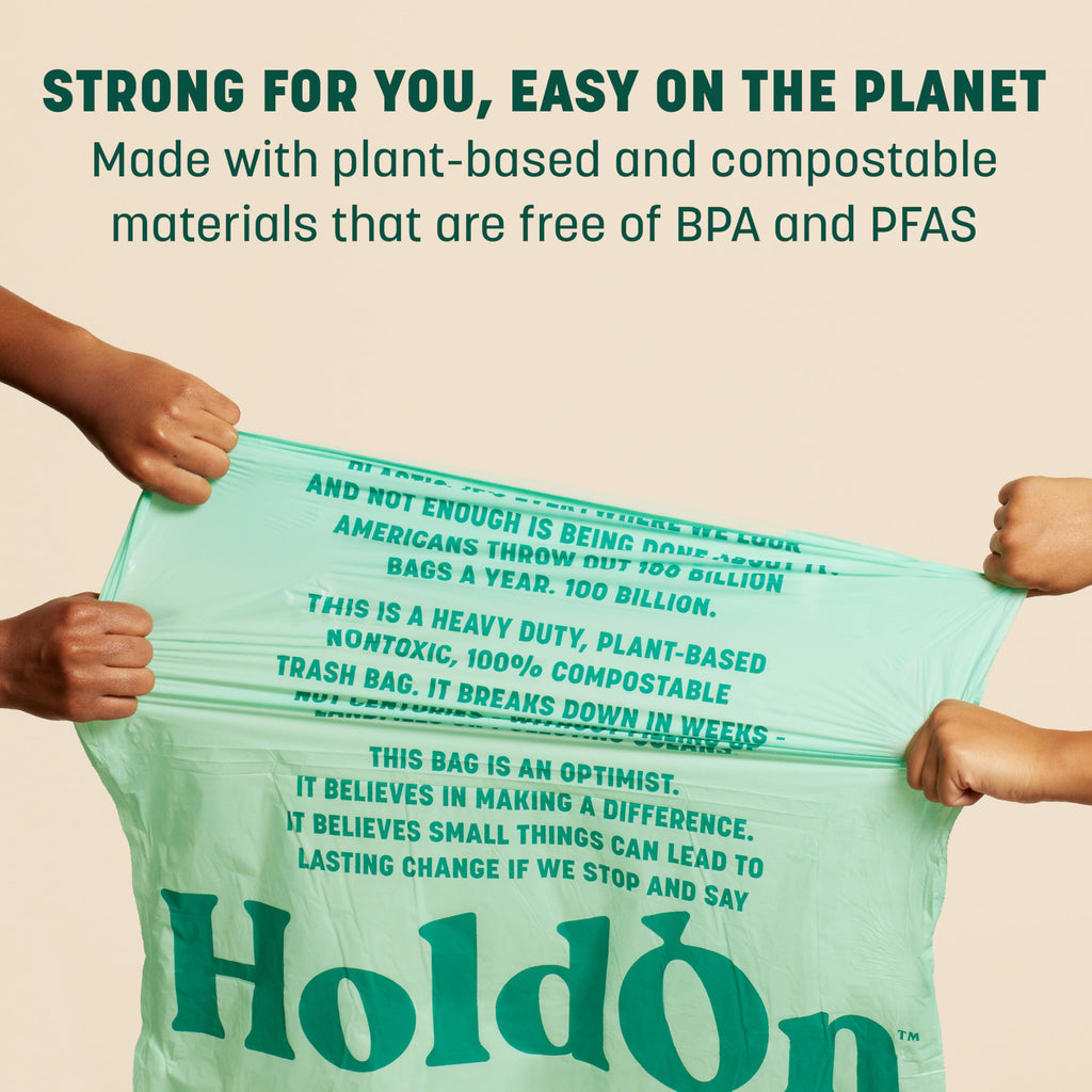 HoldOn 13-Gallon Trash Bags – Plant-based Tall Kitchen Trash Bags with Drawstring Handles for Tall Trash Bins, Heavy-duty and Compostable Large Trash Bags (40 bags)