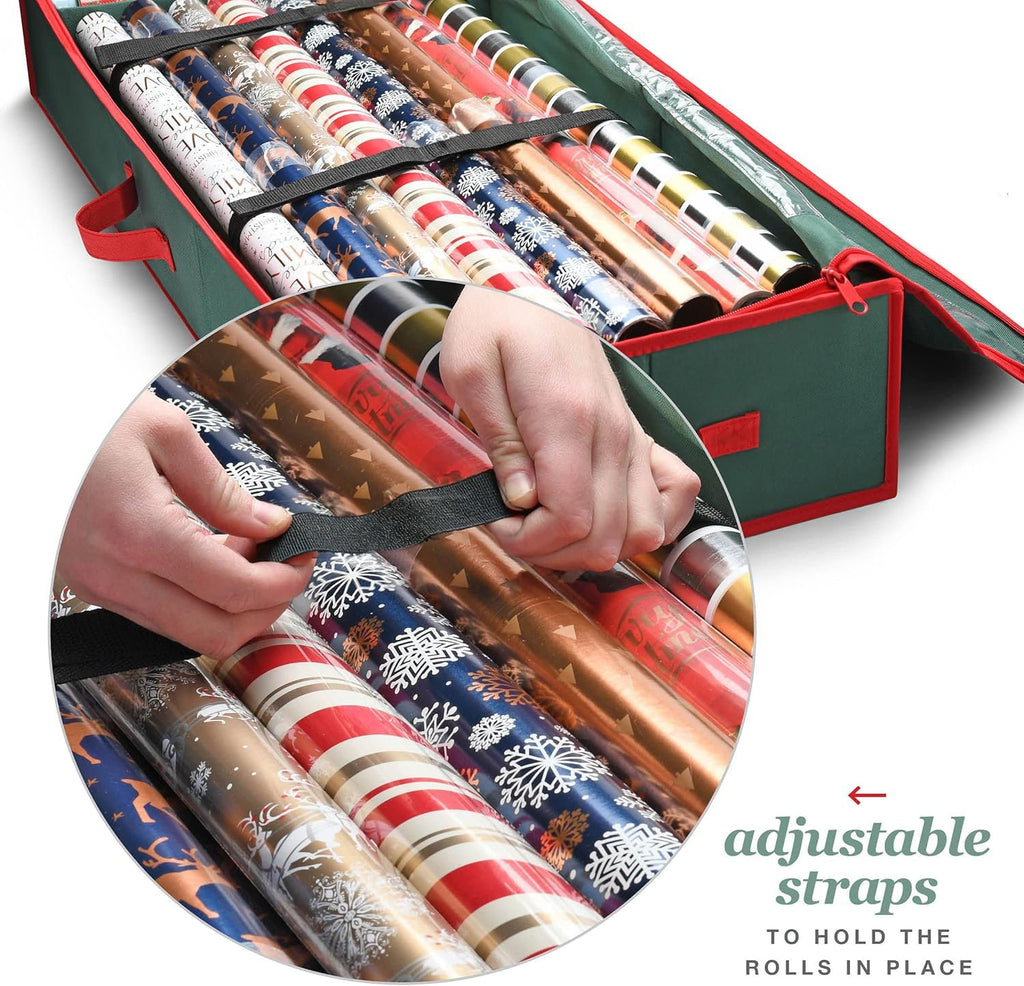 Premium Wrapping Paper Organizer Storage | Gift Wrap Holder With Extra Pockets for Christmas Decorations, Reinforced Handles, Heavy Duty, Ultra-Durable, Tear-Proof Fabric - Fits Up to 27 Rolls (Green)