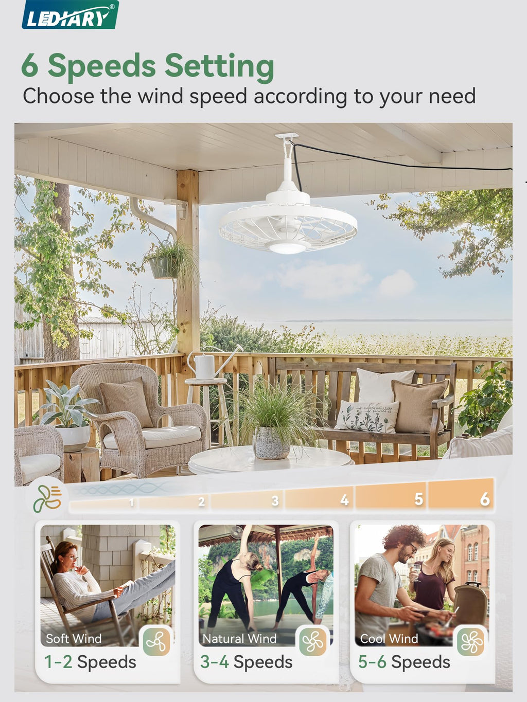 LEDIARY 20" Outdoor Ceiling Fan with Lights,IP65 Waterproof Gazebo Hanging Fan with Remote Control Smart App, Plug in Caged Ceiling Fan with 3CCT 6-Speeds for Patio Porch Pergola(White)