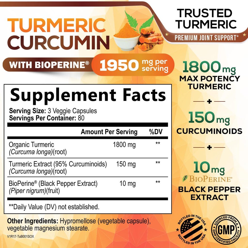 Turmeric Curcumin Supplement 95% Curcuminoids 1950mg with Organic Turmeric & BioPerine Black Pepper Extract for Best Absorption, Natural Vegan Joint Support, Non-GMO, Bottled in USA - 240 Capsules