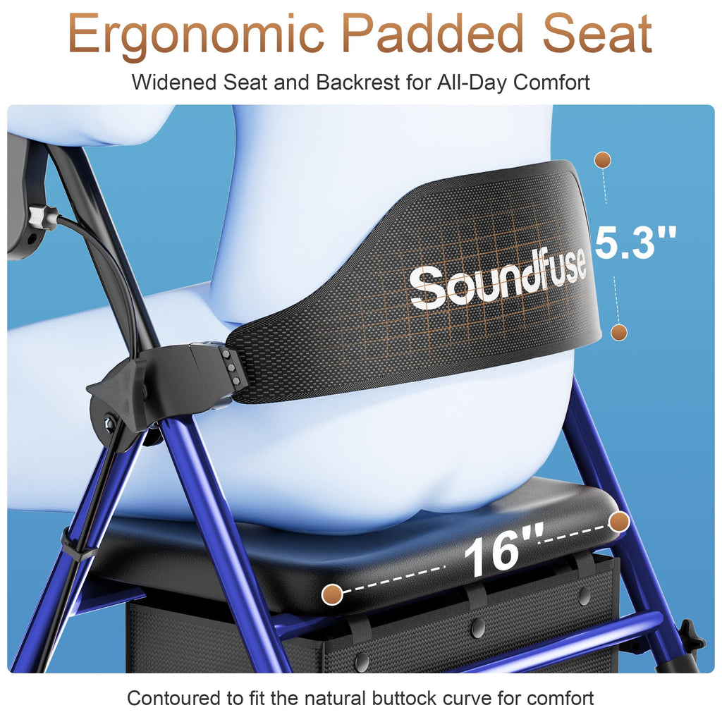 Soundfuse Rollator Walkers with Seat for Seniors, Foldable 8" Big Wheels All Terrain Rolling Walker, Handles and Ergonomic Seat Height Adjustable, 350 lb