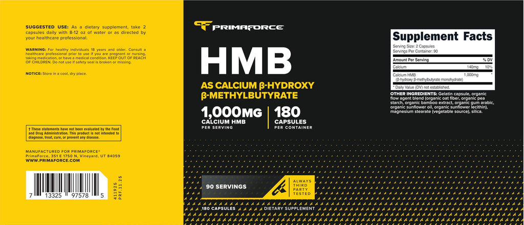 Primaforce HMB (Beta-Hydroxy Beta-Methylbutyrate) 1000mg, 180 Capsules (500mg Per Capsule) - Gluten Free and Non-GMO Supplement