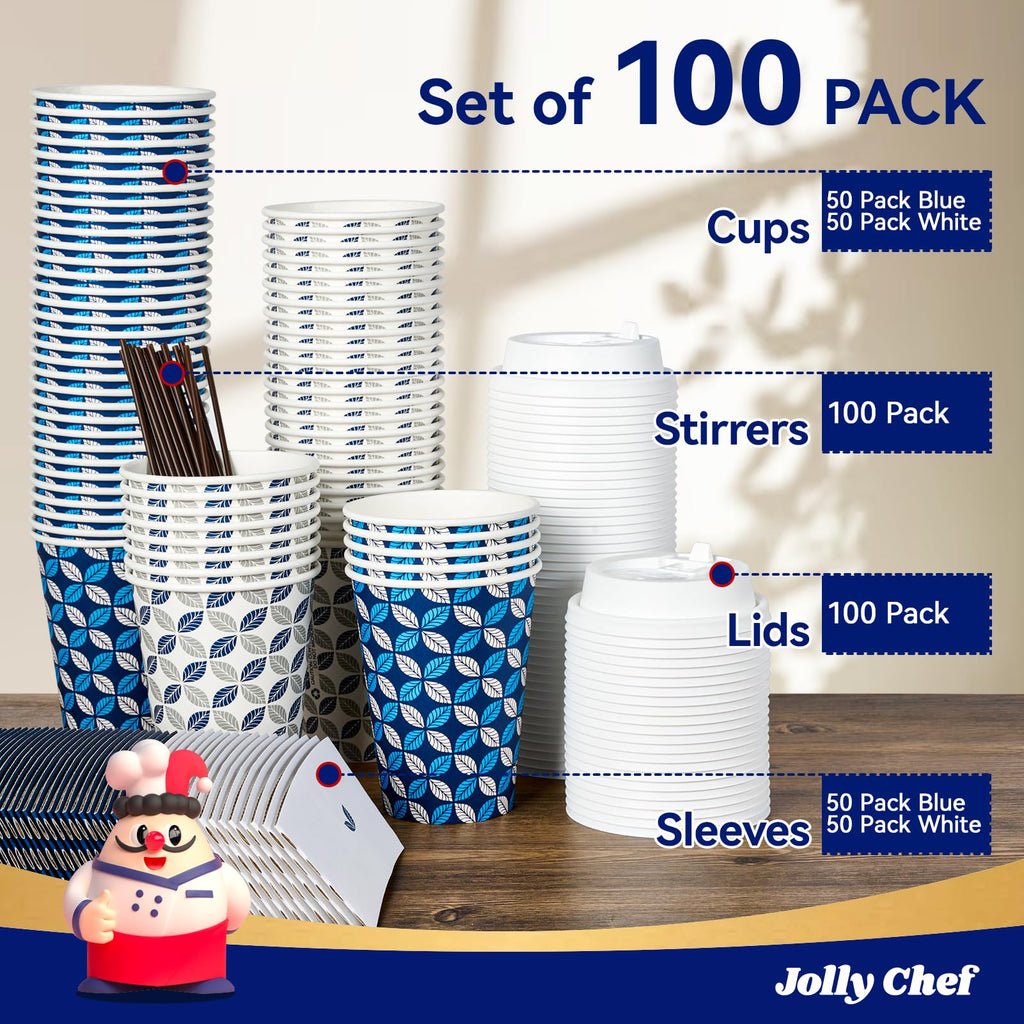 JOLLY CHEF 12oz Paper Coffee Cups with Lids 100 Pack