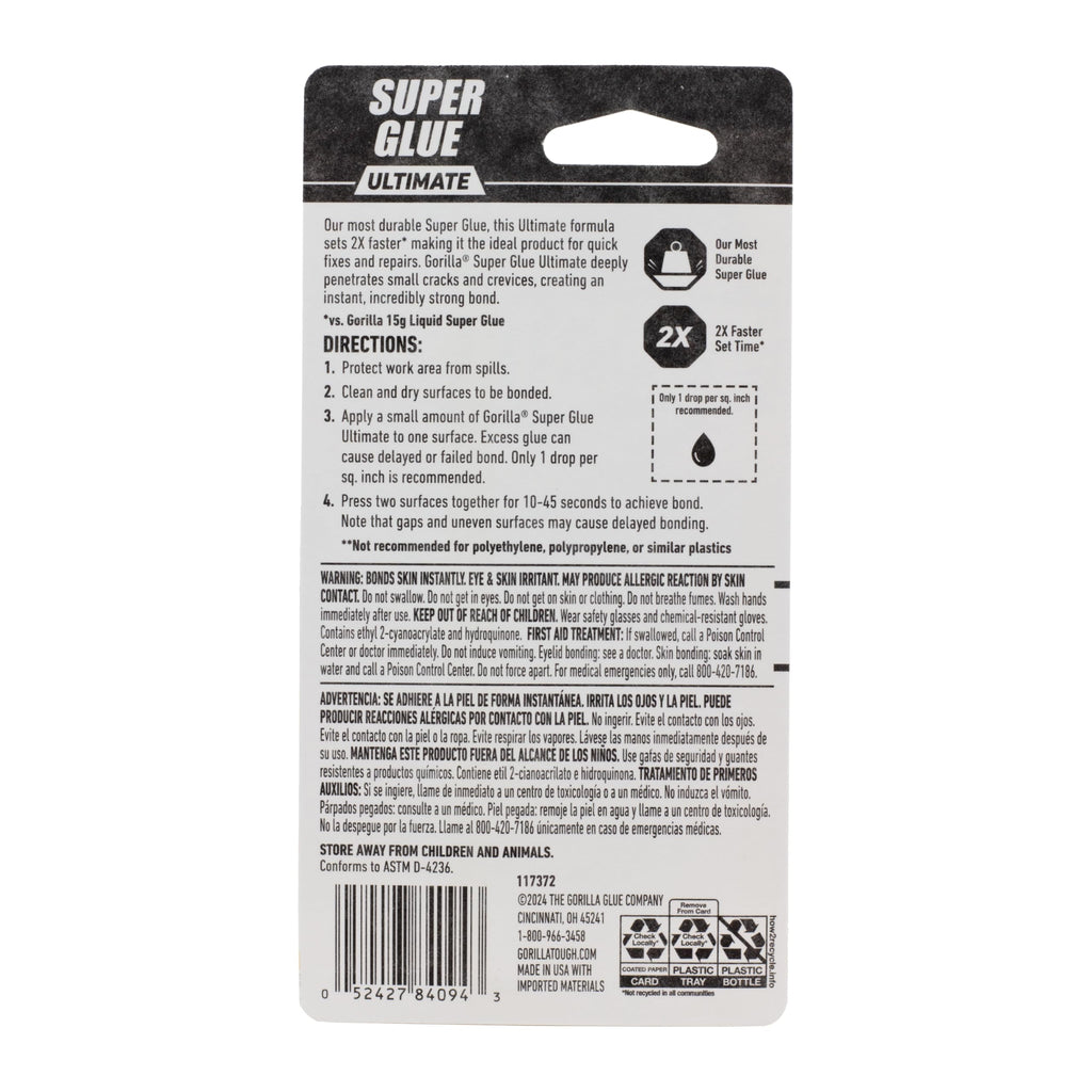 Gorilla Ultimate Super Glue, Fast Set Time, Clear, 15 g, 2-Pack