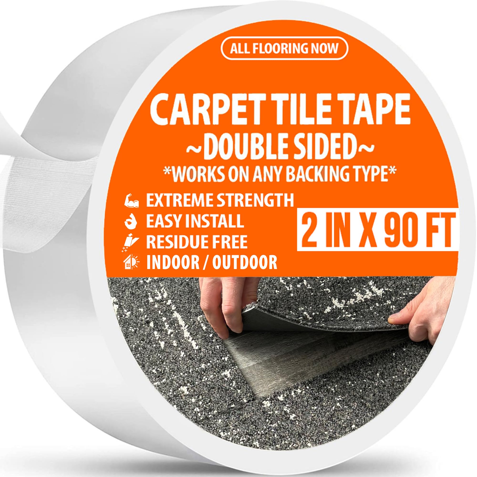 All Flooring Now Carpet Tile Tape Double Sided 2in x 90ft - Heavy Duty Reinforced Web Mesh & Residue Free - Indoor Outdoor for Carpet Tiles, Hardwood, Vinyl, Rugs, Carpet, Rubber, Turf & Mat Gripper