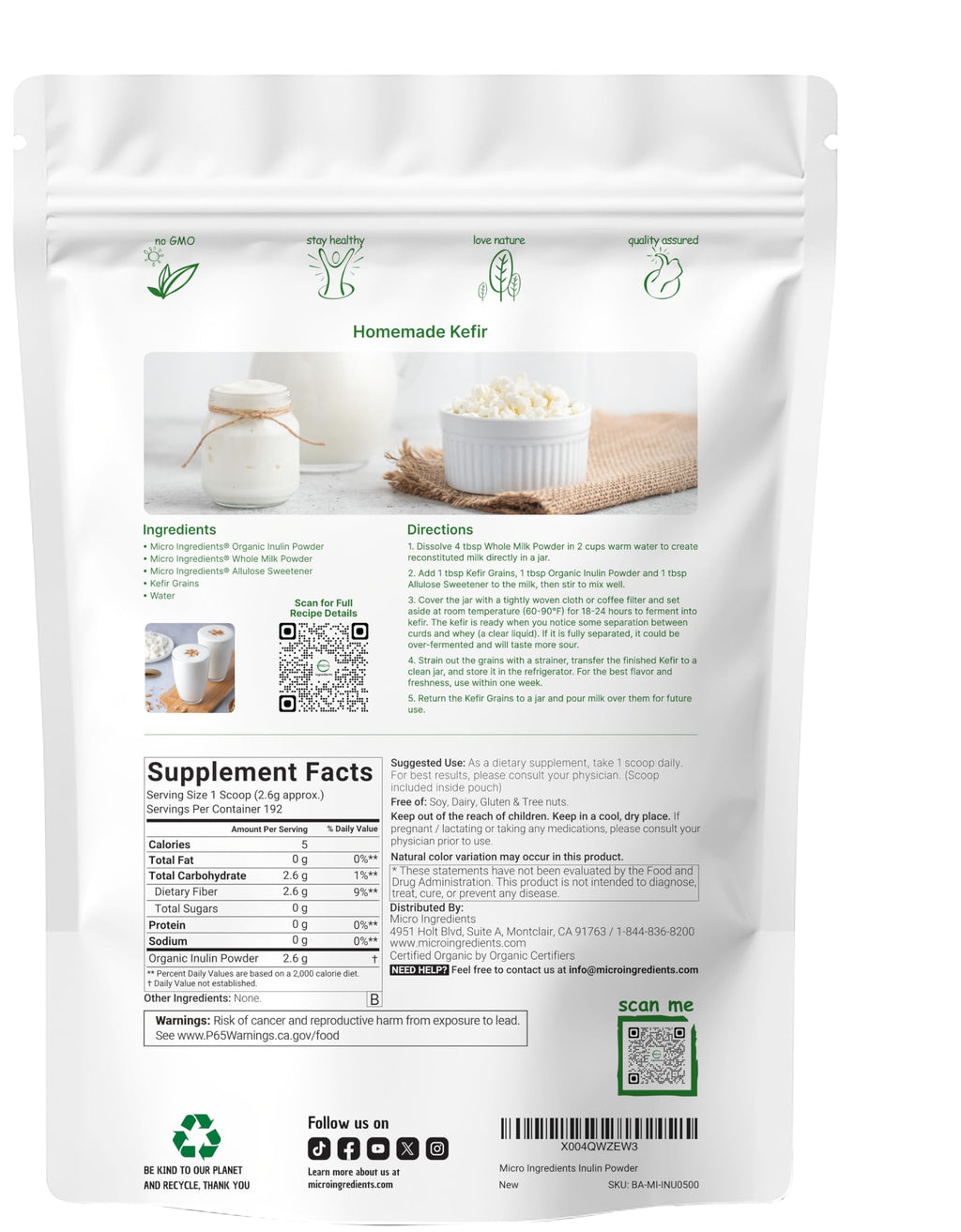 Micro Ingredients Organic Inulin FOS Fiber Powder, 1.1 lb | Quick Water-Soluble Prebiotic | Natural Unflavored Fiber for Yogurt, Smoothies, & Drinks | Vegan Friendly, Dissolves Clear, Non-GMO