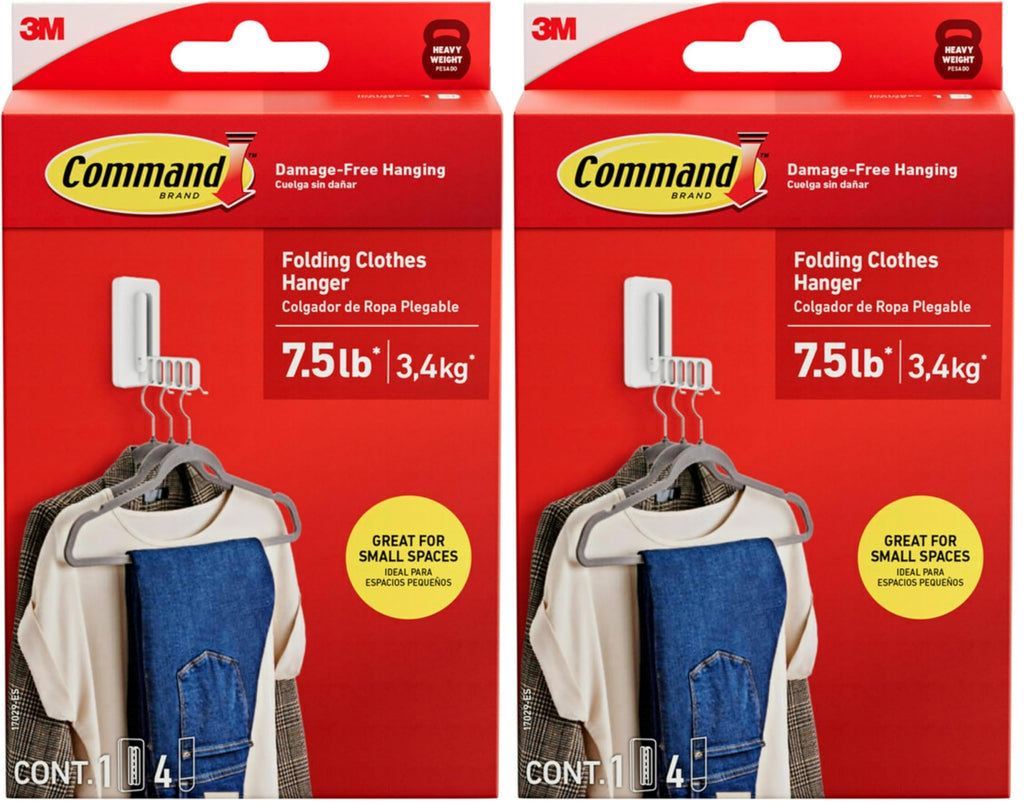 Command Folding Clothes Hanger,Holds up to 5 Hangers 7.5 lb,1.5lbs per Rung,1 Hook with 5 Rungs,4 Strips,Closet Organizer,Home Organization,(Pack of 2)