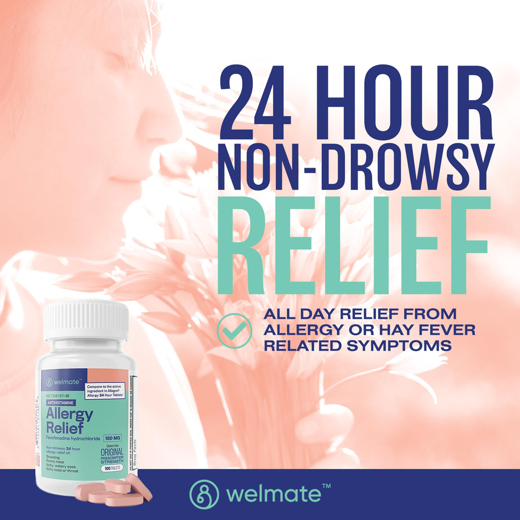 WELMATE Non-Drowsy Allergy Medicine, Fexofenadine HCl 180mg, 100 Count - 24 Hour Antihistamine for Hay Fever, Pollen, Sneezing, Itchy Eyes, Runny Nose - Allergy Relief Pills for Adults