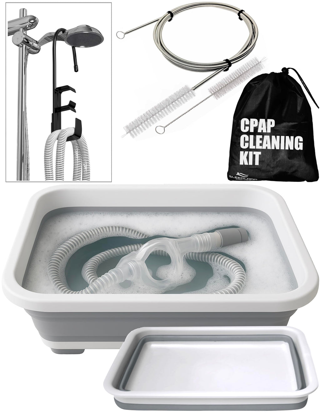 CPAP Cleaning Kit for CPAP Hose and Mask for CPAP Hanger with Brush and Collapsible Wash Basin Bucket Tub - Essential Care Kit for CPAP Users, Suitable for 7 Feet Tubing and 22mm 19mm Diameter
