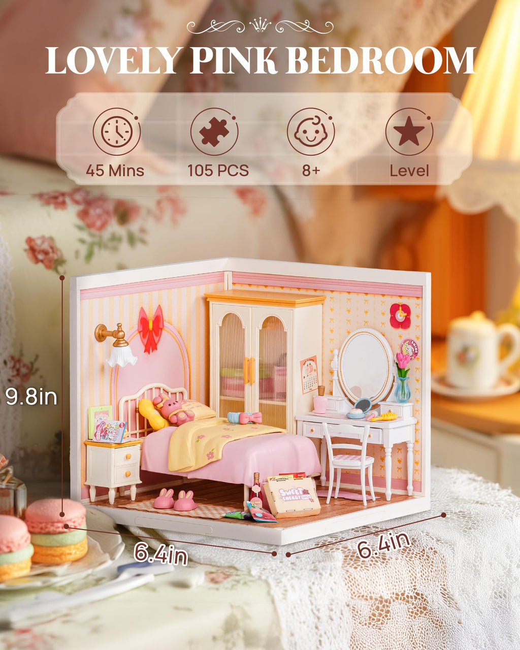 Rolife Super Creator Series, DIY Mini Lovely Pink Bedroom Dollhouse House Kit, Bulid Scenary for Action Collectible Figures, Creative Gifts for Women Kids Adults