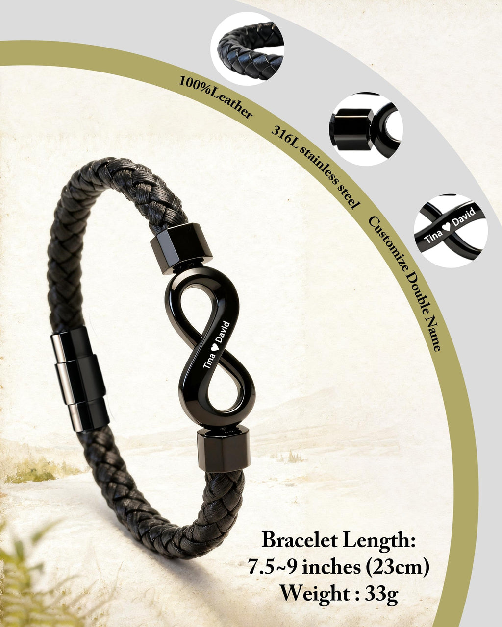 ziella To My Man,Personalized Dual Name Infinity Leather Bracelet,Personalized Custom Name Stainless Steel Bracelet Valentine Birthday Gifts for Him (L (Large), 9-inch)
