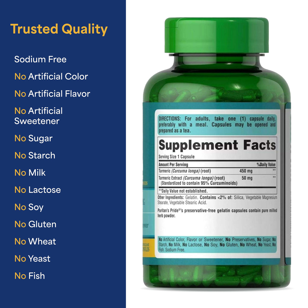 Puritan's Pride Turmeric Curcumin 500mg, Standarized to 95% Cucuminoids, Herbal Dietary Supplement for Antioxidant Health, 180 Radpid Release Capsules, Pack of 2