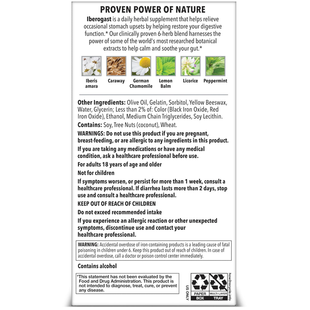 Iberogast Softgels, Herbal Relief of Stomach Upsets: Occasional Indigestion, Bloating, Gas, Nausea, Upset Stomach; 6-Herb Blend with Iberis Amara, Peppermint, Licorice, Lemon Balm; 30ct
