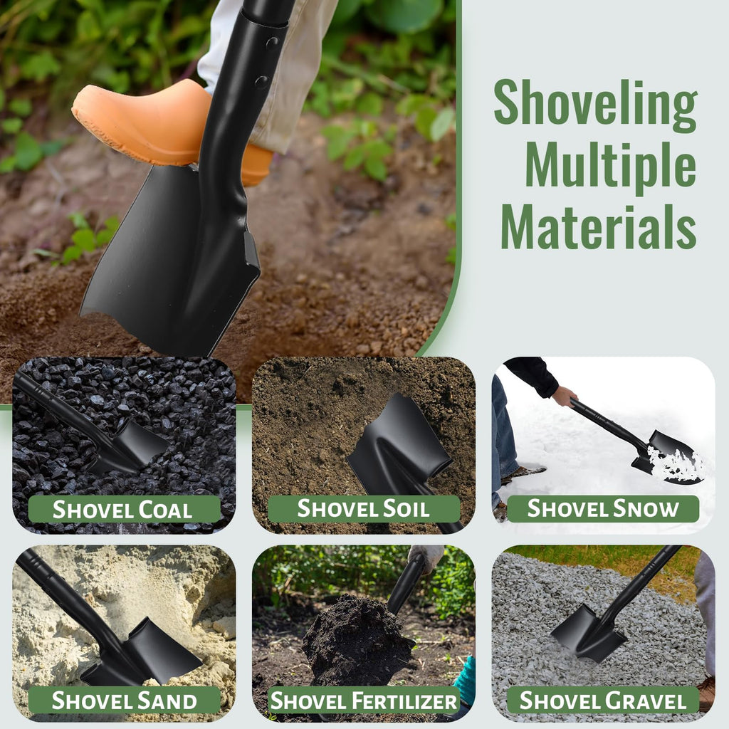 Small Round Point Digging Shovels, Garden Spade Shovel Beach Shovels with 43.3in Handle,Heavy Duty Portable Metal Shovel for Gardening Camping Trenching Digging Landscaping,Off-Road Use, Black