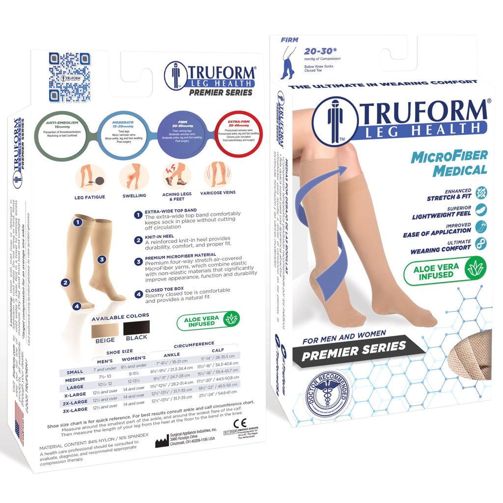 Truform 20-30 mmHg Medical Compression Stockings, Aloe Infused Microfiber, Knee High, Closed Toe, Beige, Medium