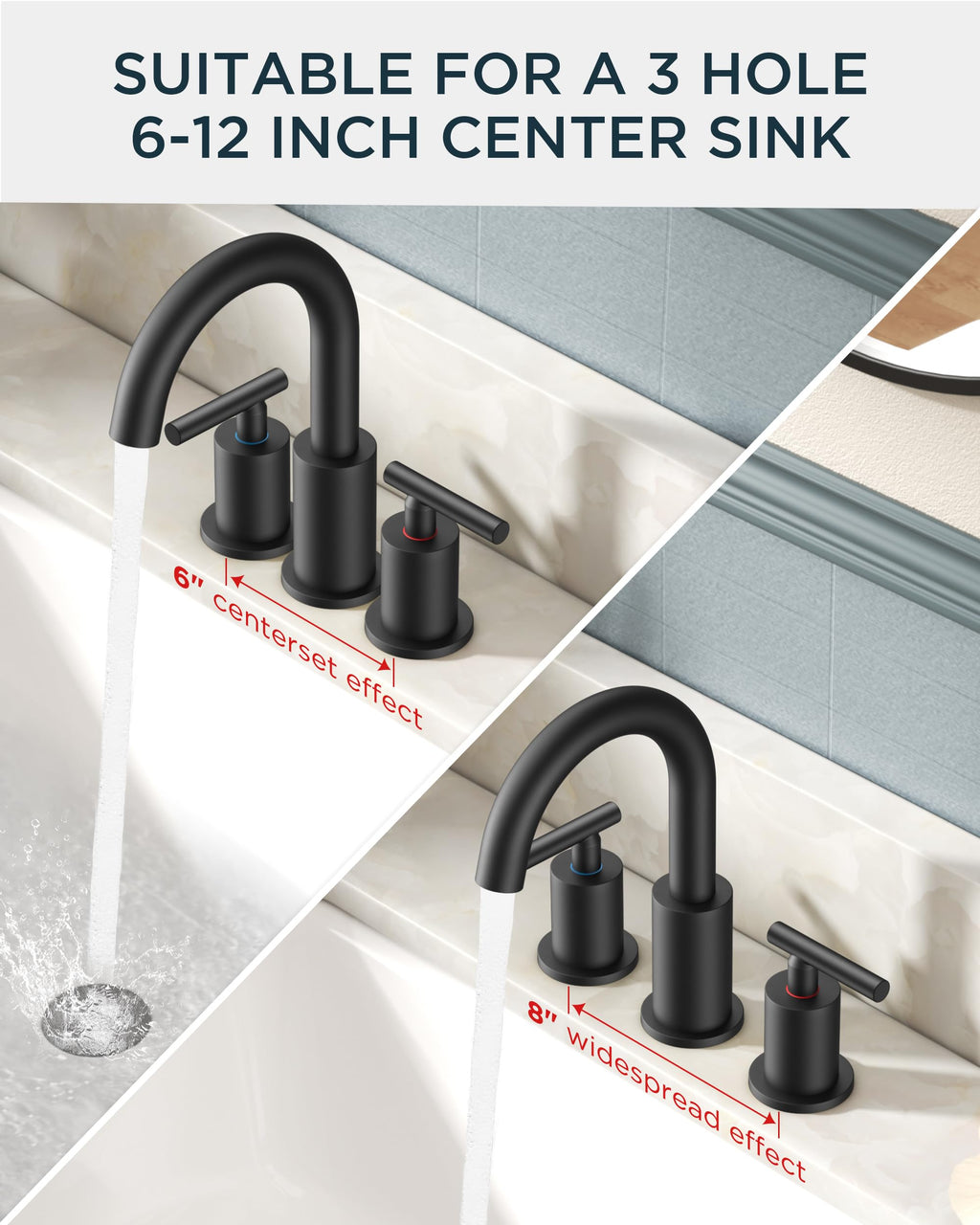 FORIOUS Black Bathroom Faucet 3 Hole, 8 Inch Matte Black Bathroom Sink Faucet Widespread with 360° Swivel Spout, Suitable for 6-12 Inch Vanity Sink, with Pop-up Drain and cUPC Supply Line