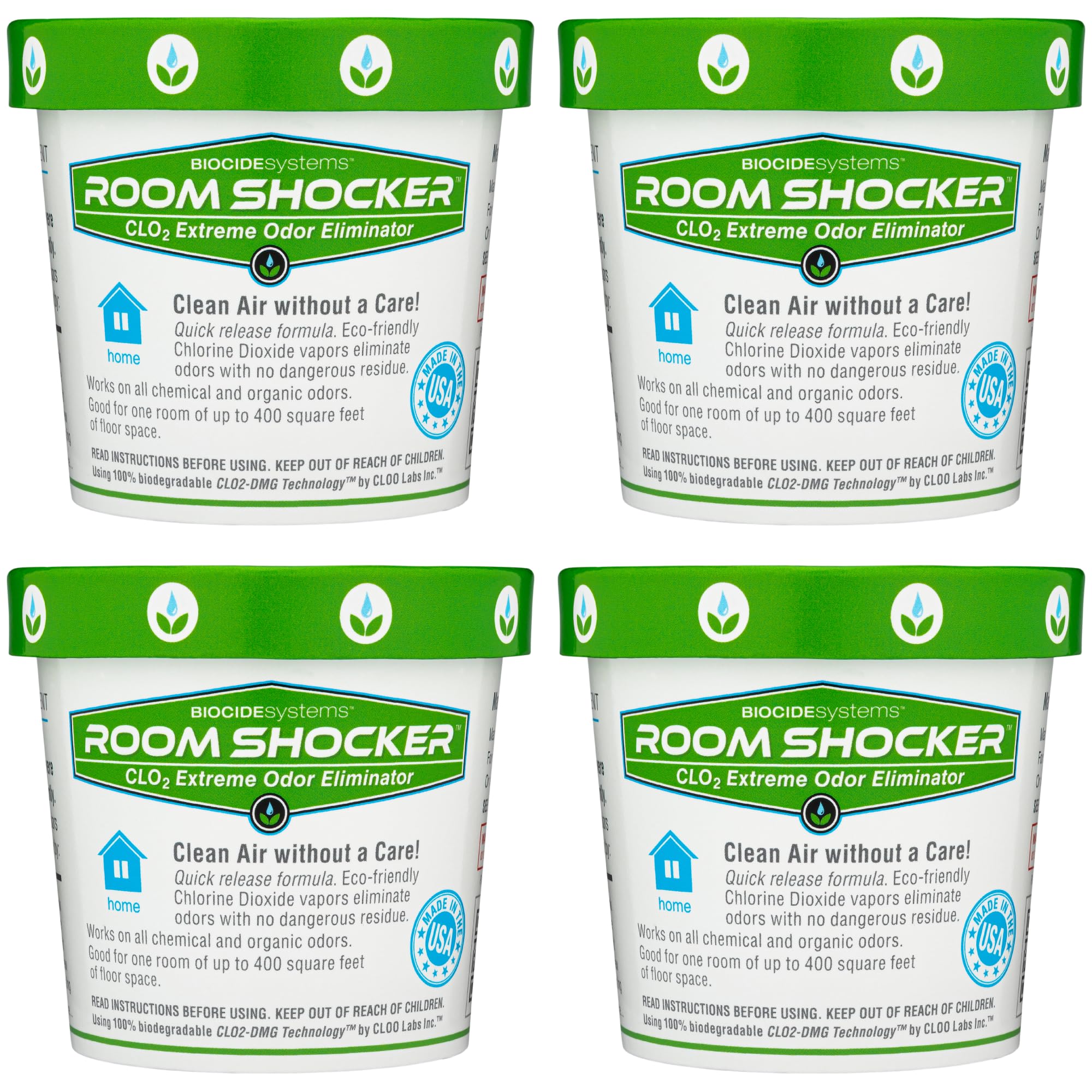 Biocide Systems Room Shocker Strong Odor Eliminator for Home & Office, Eco-Friendly Chlorine Dioxide Odor Bomb for House Interior Up to 400 Square Feet of Floor Space (4-Pack)